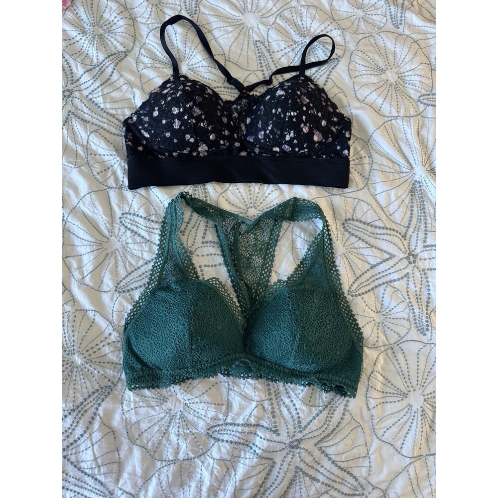 Victoria’s Secret VS PINK Lace Bralette Bundle Black Floral & Green Medium